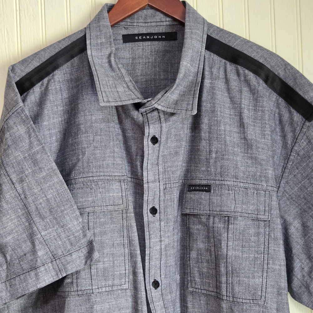 Sean John Shirt Mens 4XB Gray Solid Short Sleeve Button Up Casual Woven